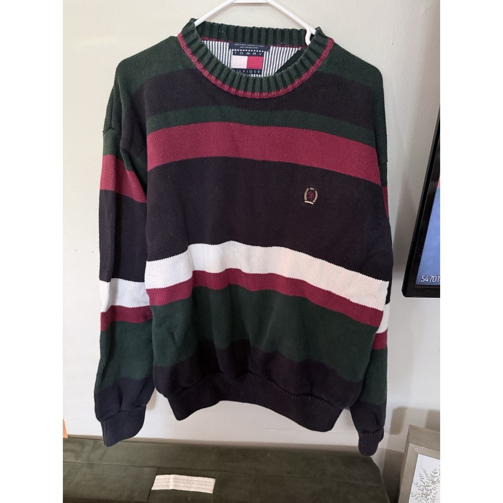 VTG Tommy‎ Hilfiger Sweater Men XL Striped Crewneck Chunky Knit Pullover 90s Y2K